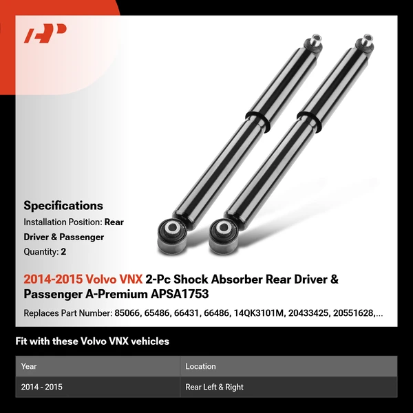 2014-2015 Volvo VNX 2-Pc Shock Absorber Rear Driver & Passenger A-Premium APSA1753