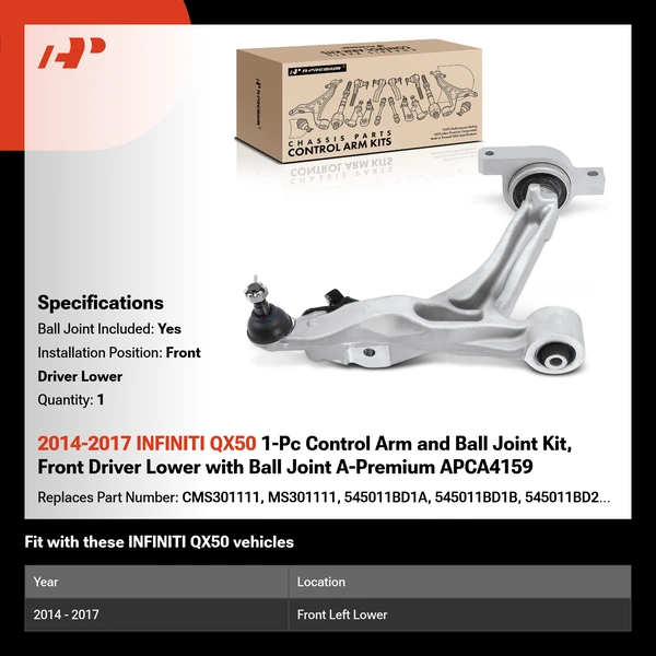 2014-2017 INFINITI QX50 1-Pc Control Arm and Ball Joint Kit, Front Driver Lower with Ball Joint A-Premium APCA4159