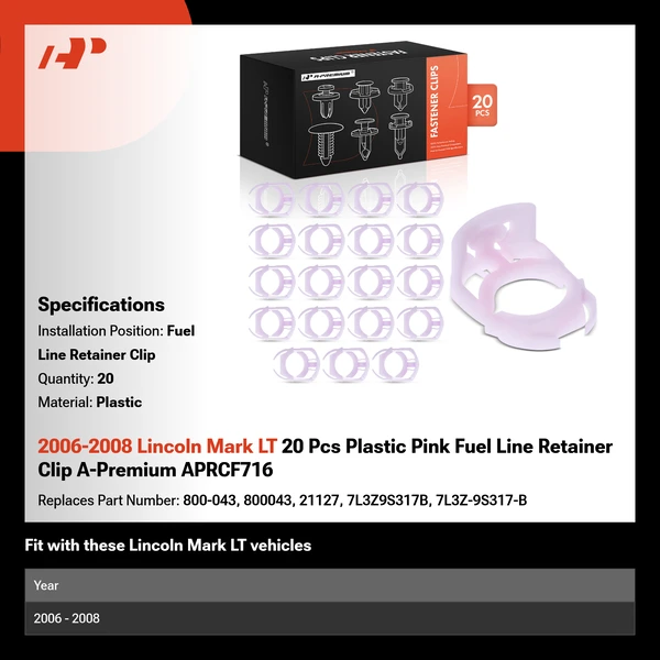 2006-2008 Lincoln Mark LT 20 Pcs Plastic Pink Fuel Line Retainer Clip A-Premium APRCF716