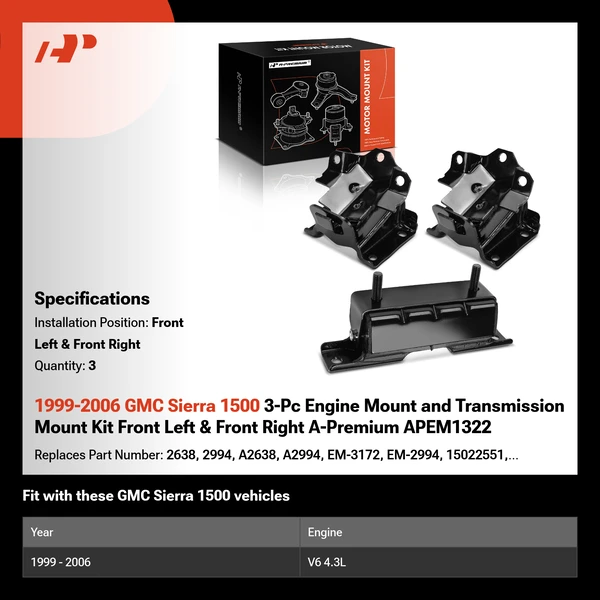 1999-2006 GMC Sierra 1500 3-Pc Engine Mount and Transmission Mount Kit Front Left & Front Right A-Premium APEM1322
