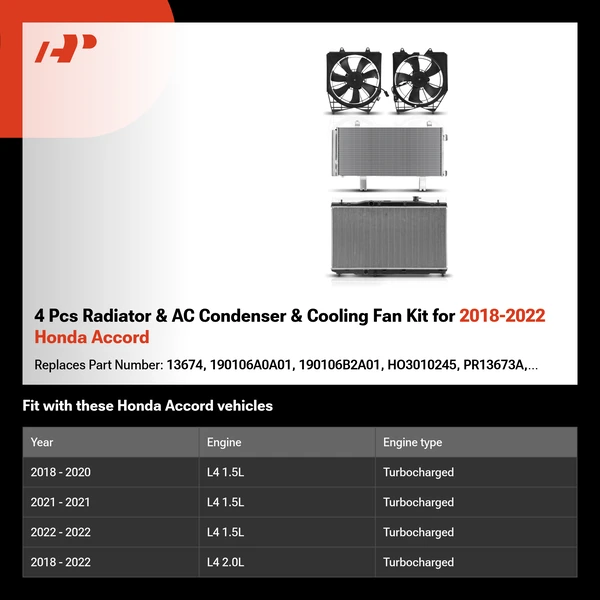 4 Pcs Radiator & AC Condenser & Cooling Fan Kit for 2018-2022 Honda Accord
