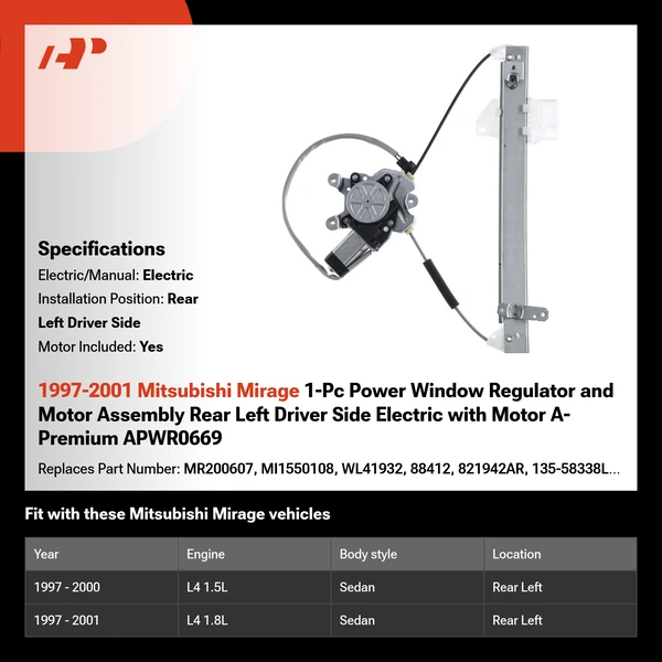 1997-2001 Mitsubishi Mirage 1-Pc Power Window Regulator and Motor Assembly Rear Left Driver Side Electric with Motor A-Premium APWR0669