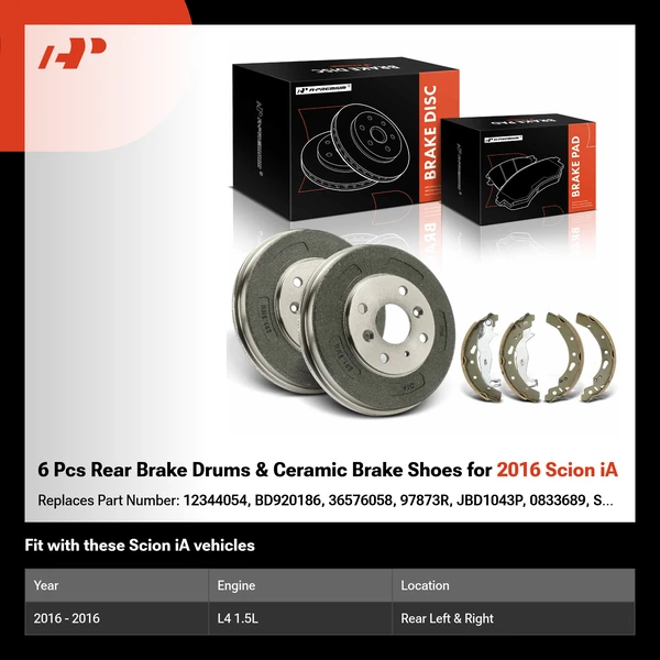 6 Pcs Rear Brake Drums & Ceramic Brake Shoes for 2016 Scion iA