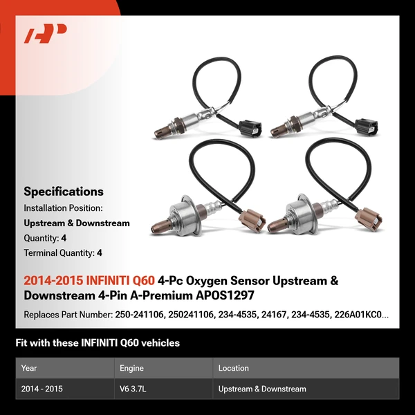 2014-2015 INFINITI Q60 4-Pc Oxygen Sensor Upstream & Downstream 4-Pin A-Premium APOS1297