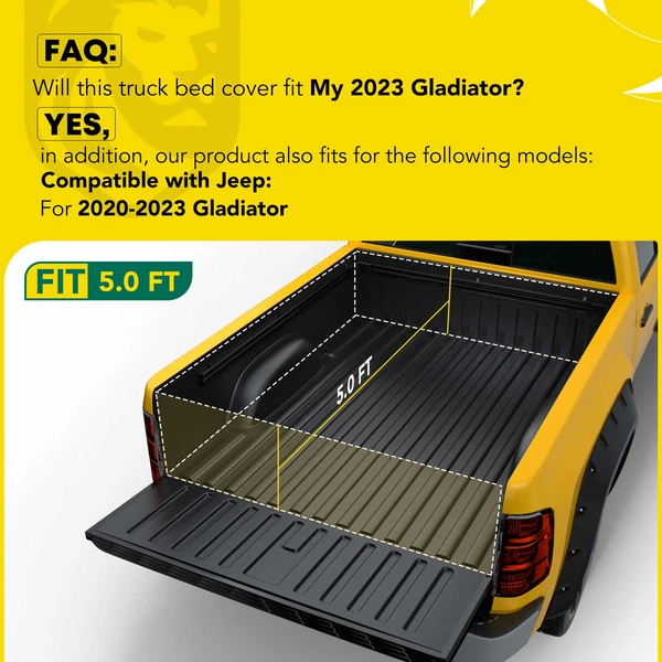 5 ft Bed Hard Quad Fold Tonneau Cover with Automatic Locking for Jeep Gladiator 2020-2023