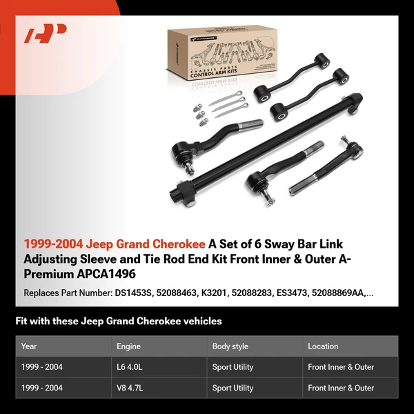 1999-2004 Jeep Grand Cherokee A Set of 6 Sway Bar Link Adjusting Sleeve and Tie Rod End Kit Front Inner & Outer A-Premium APCA1496