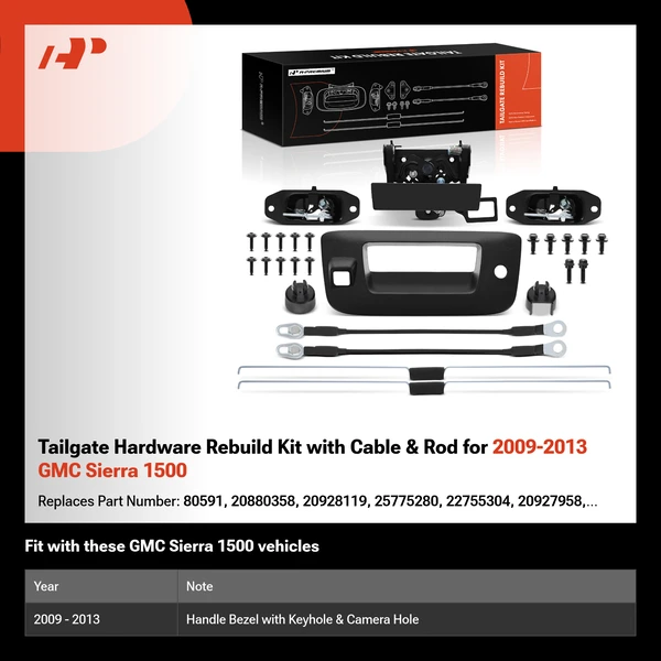 Tailgate Hardware Rebuild Kit with Cable & Rod for 2009-2013 GMC Sierra 1500