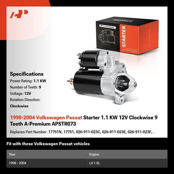 1998-2004 Volkswagen Passat Starter 1.1 KW 12V Clockwise 9 Teeth A-Premium APSTR073