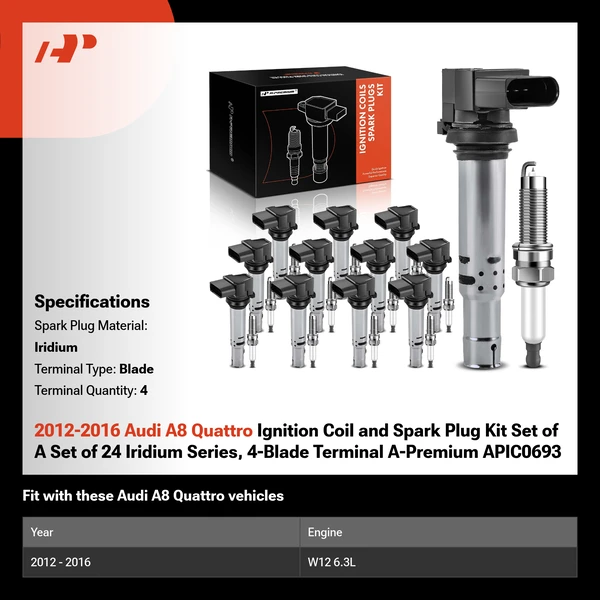 2012-2016 Audi A8 Quattro Ignition Coil and Spark Plug Kit Set of A Set of 24 Iridium Series, 4-Blade Terminal A-Premium APIC0693
