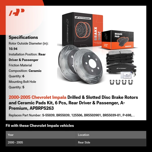2000-2005 Chevrolet Impala Drilled & Slotted Disc Brake Rotors and Ceramic Pads Kit, 6 Pcs, Rear Driver & Passenger, A-Premium, APBRPS263
