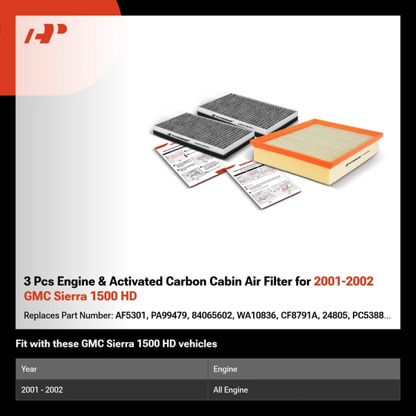 3 Pcs Engine & Activated Carbon Cabin Air Filter for 2001-2002 GMC Sierra 1500 HD