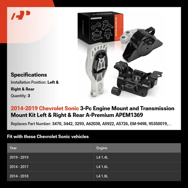 2014-2019 Chevrolet Sonic 3-Pc Engine Mount and Transmission Mount Kit Left & Right & Rear A-Premium APEM1369