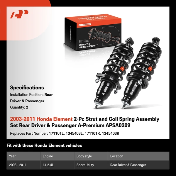 2003-2011 Honda Element 2-Pc Strut and Coil Spring Assembly Set Rear Driver & Passenger A-Premium APSA0209