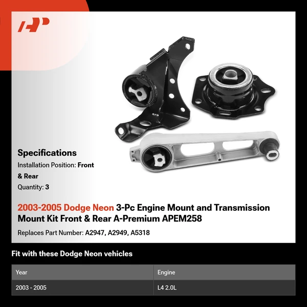 2003-2005 Dodge Neon 3-Pc Engine Mount and Transmission Mount Kit Front & Rear A-Premium APEM258