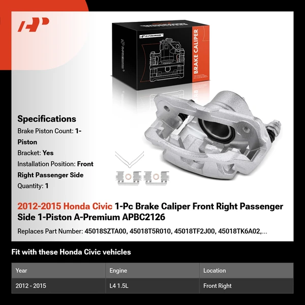 2012-2015 Honda Civic 1-Pc Brake Caliper Front Right Passenger Side 1-Piston A-Premium APBC2126