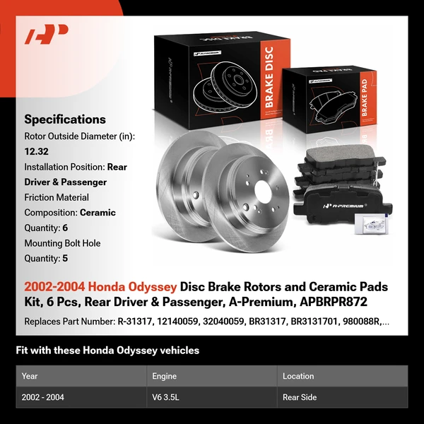2002-2004 Honda Odyssey Disc Brake Rotors and Ceramic Pads Kit, 6 Pcs, Rear Driver & Passenger, A-Premium, APBRPR872