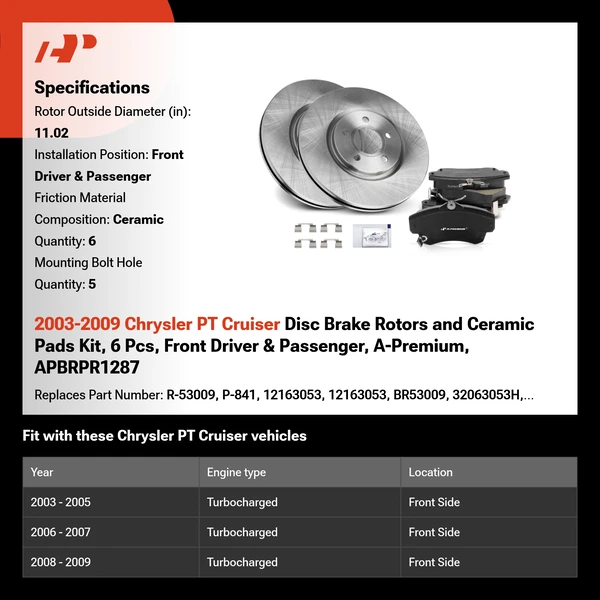 2003-2009 Chrysler PT Cruiser Disc Brake Rotors and Ceramic Pads Kit, 6 Pcs, Front Driver & Passenger, A-Premium, APBRPR1287