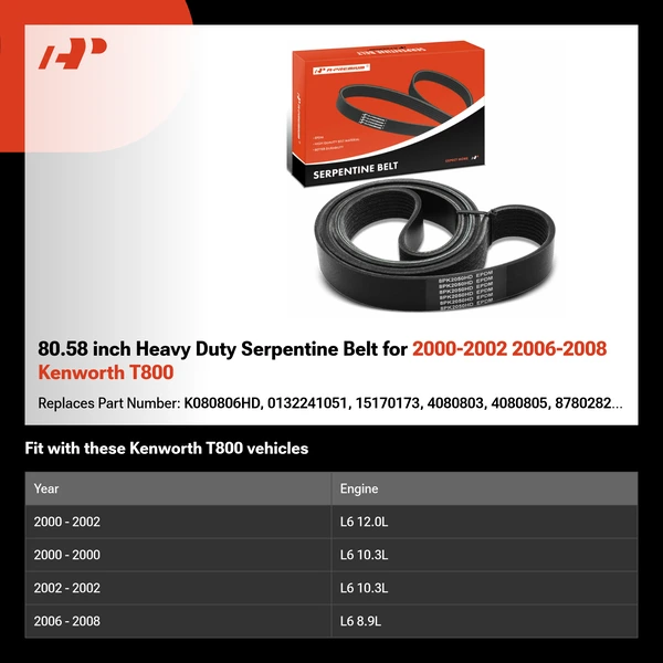 80.58 inch Heavy Duty Serpentine Belt for 2000-2002 2006-2008 Kenworth T800