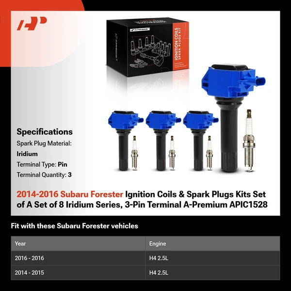2014-2016 Subaru Forester Ignition Coils & Spark Plugs Kits Set of A Set of 8 Iridium Series, 3-Pin Terminal A-Premium APIC1528
