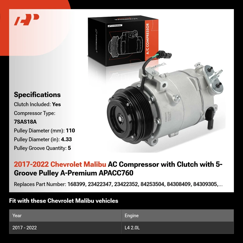 2017-2022 Chevrolet Malibu AC Compressor with Clutch with 5-Groove Pulley A-Premium APACC760