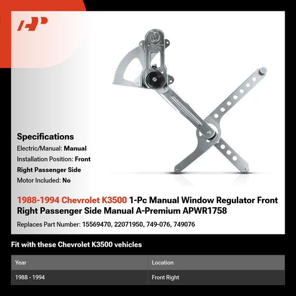 1988-1994 Chevrolet K3500 1-Pc Manual Window Regulator Front Right Passenger Side Manual A-Premium APWR1758