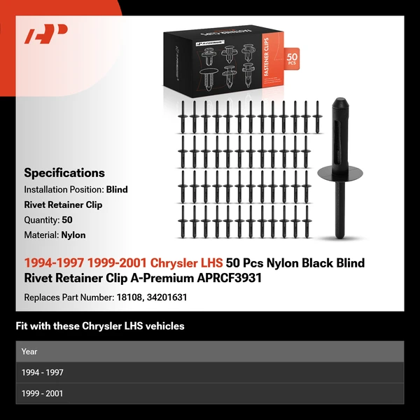 1994-1997 1999-2001 Chrysler LHS 50 Pcs Nylon Black Blind Rivet Retainer Clip A-Premium APRCF3931