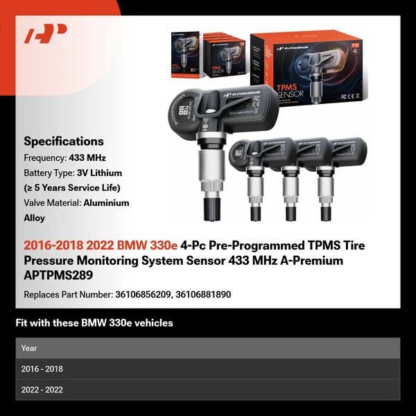 2016-2018 2022 BMW 330e 4-Pc Pre-Programmed TPMS Tire Pressure Monitoring System Sensor 433 MHz A-Premium APTPMS289