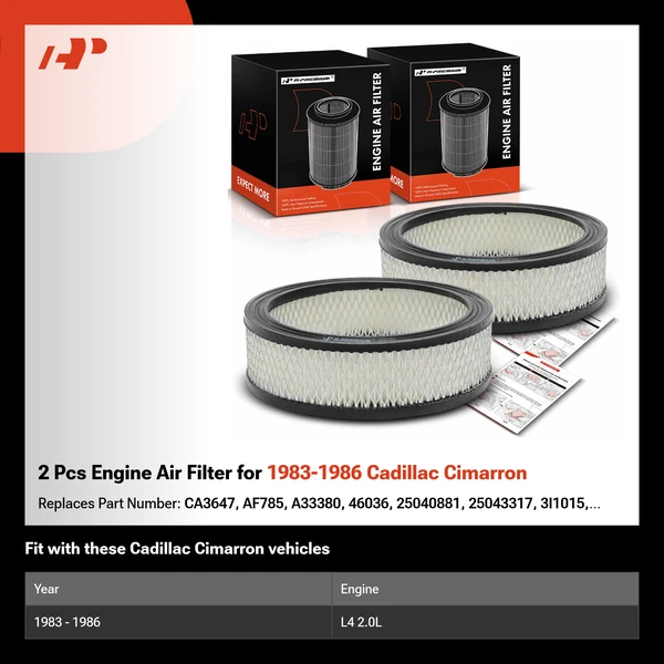 2 Pcs Engine Air Filter for 1983-1986 Cadillac Cimarron
