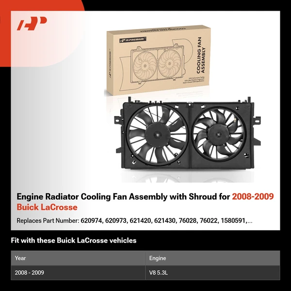 Engine Radiator Cooling Fan Assembly with Shroud for 2008-2009 Buick LaCrosse