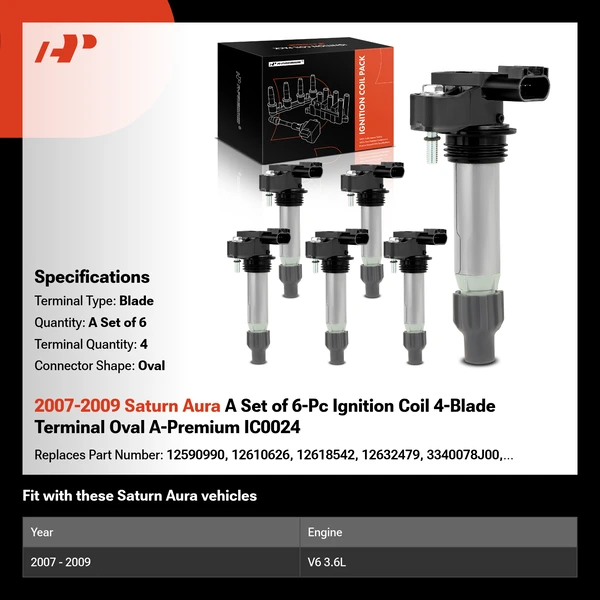 2007-2009 Saturn Aura A Set of 6-Pc Ignition Coil 4-Blade Terminal Oval A-Premium IC0024