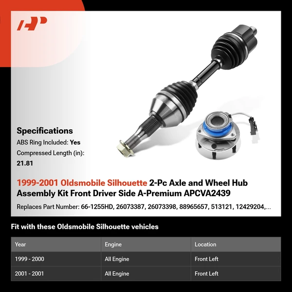 1999-2001 Oldsmobile Silhouette 2-Pc Axle and Wheel Hub Assembly Kit Front Driver Side A-Premium APCVA2439