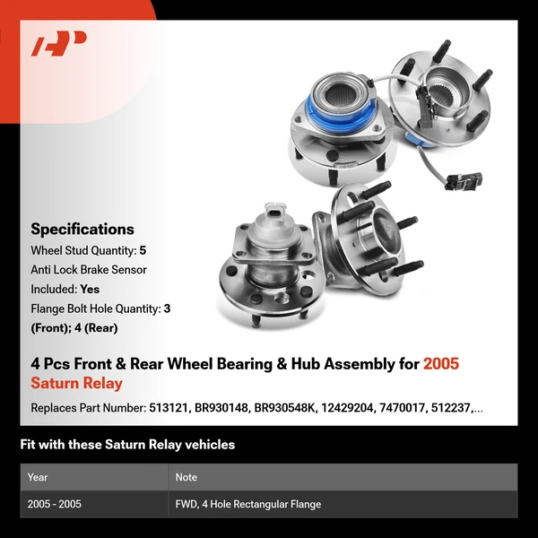 4 Pcs Front & Rear Wheel Bearing & Hub Assembly for 2005 Saturn Relay