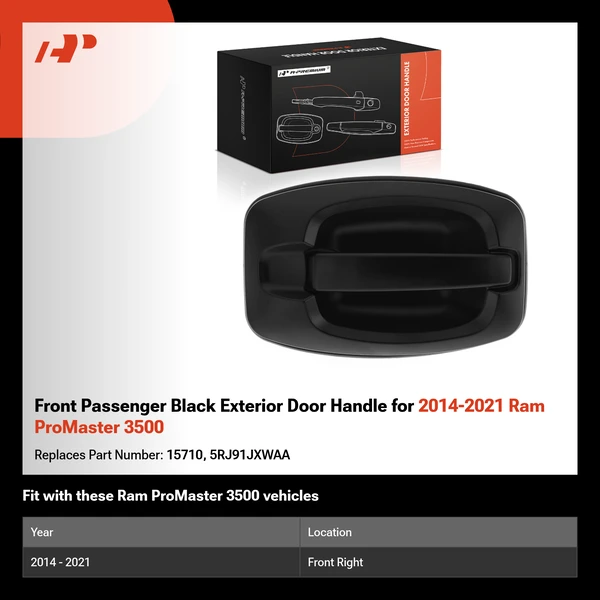Front Passenger Black Exterior Door Handle for 2014-2021 Ram ProMaster 3500