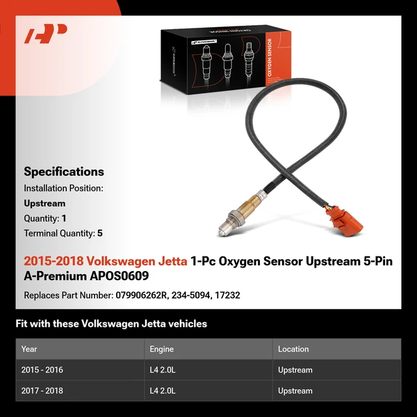 2015-2018 Volkswagen Jetta 1-Pc Oxygen Sensor Upstream 5-Pin A-Premium APOS0609