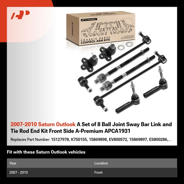2007-2010 Saturn Outlook A Set of 8 Ball Joint Sway Bar Link and Tie Rod End Kit Front Side A-Premium APCA1931
