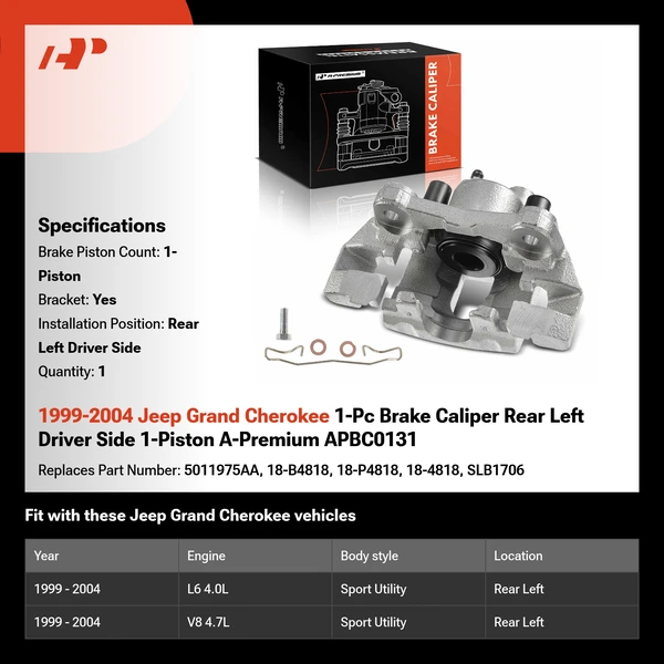 1999-2004 Jeep Grand Cherokee 1-Pc Brake Caliper Rear Left Driver Side 1-Piston A-Premium APBC0131