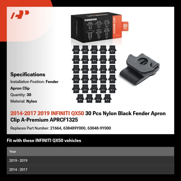 2014-2017 2019 INFINITI QX50 30 Pcs Nylon Black Fender Apron Clip A-Premium APRCF1325
