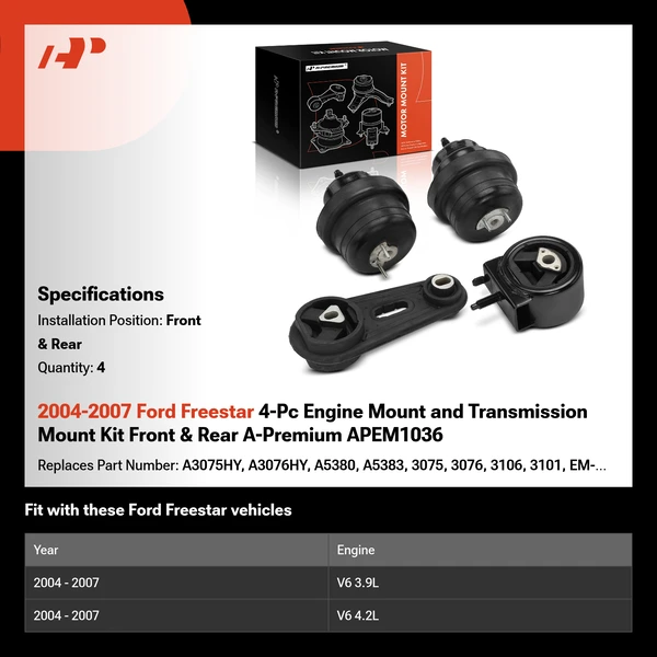 2004-2007 Ford Freestar 4-Pc Engine Mount and Transmission Mount Kit Front & Rear A-Premium APEM1036