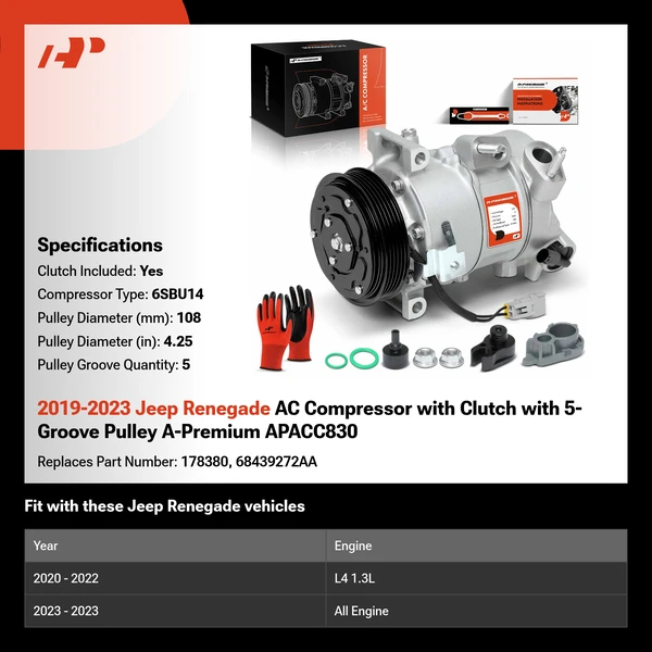 2019-2023 Jeep Renegade AC Compressor with Clutch with 5-Groove Pulley A-Premium APACC830