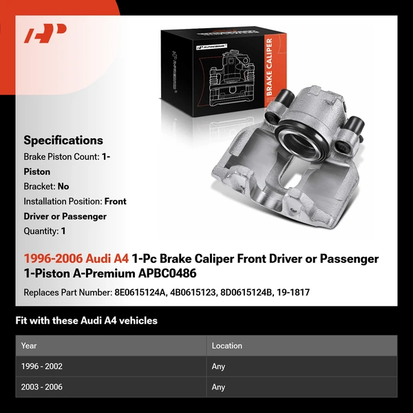 1996-2006 Audi A4 1-Pc Brake Caliper Front Driver or Passenger 1-Piston A-Premium APBC0486