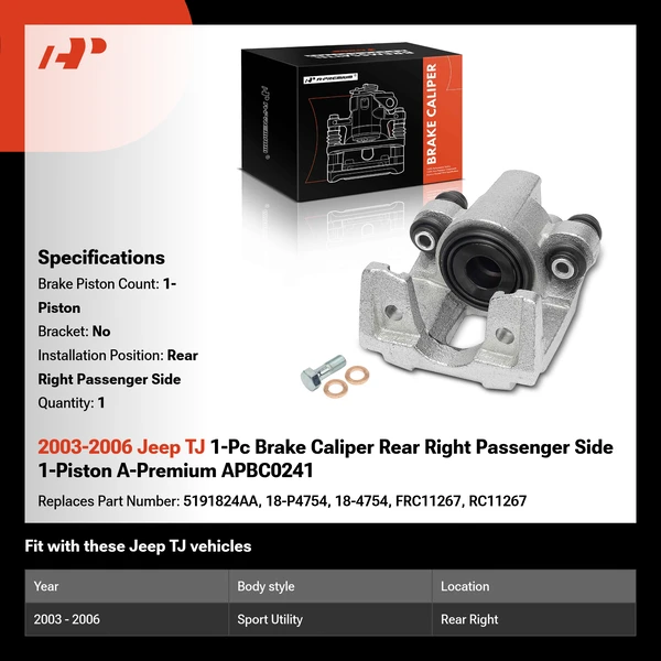 2003-2006 Jeep TJ 1-Pc Brake Caliper Rear Right Passenger Side 1-Piston A-Premium APBC0241