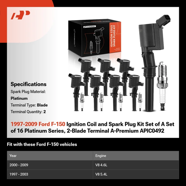 1997-2009 Ford F-150 Ignition Coil and Spark Plug Kit Set of A Set of 16 Platinum Series, 2-Blade Terminal A-Premium APIC0492