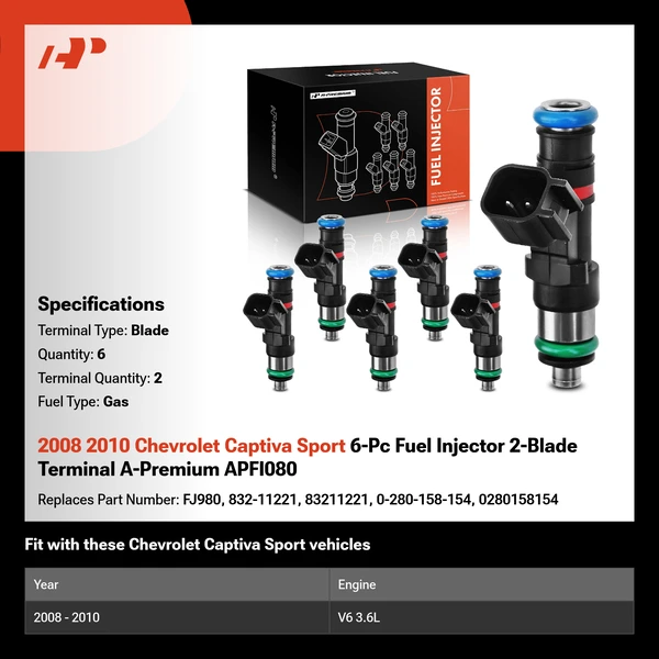 2008 2010 Chevrolet Captiva Sport 6-Pc Fuel Injector 2-Blade Terminal A-Premium APFI080