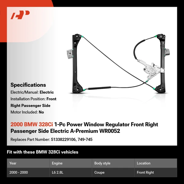 2000 BMW 328Ci 1-Pc Power Window Regulator Front Right Passenger Side Electric A-Premium WR0052