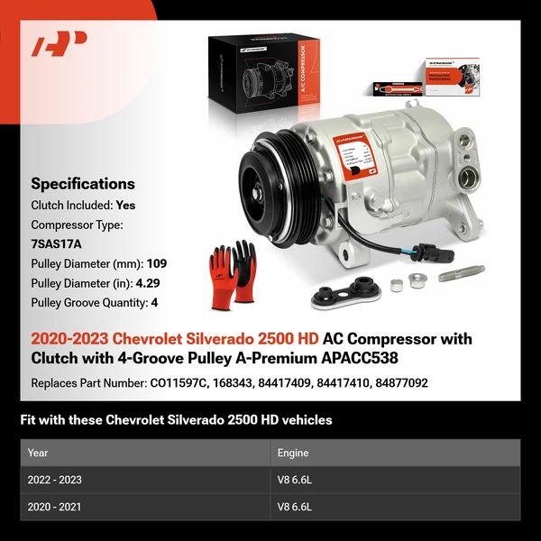 2020-2023 Chevrolet Silverado 2500 HD AC Compressor with Clutch with 4-Groove Pulley A-Premium APACC538