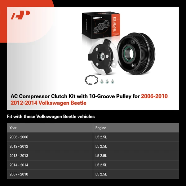 AC Compressor Clutch Kit with 10-Groove Pulley for 2006-2010 2012-2014 Volkswagen Beetle