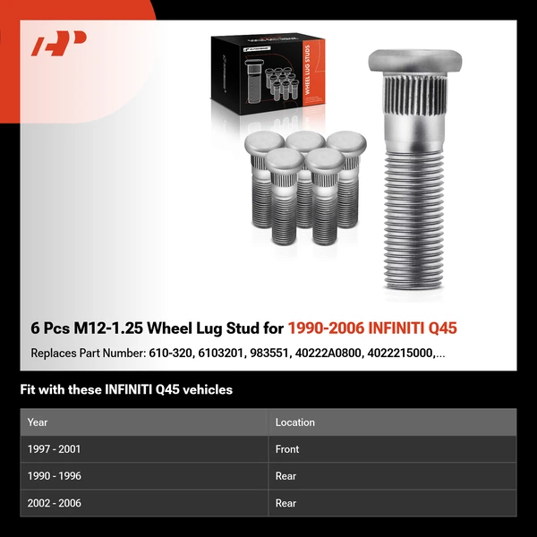 6 Pcs M12-1.25 Wheel Lug Stud for 1990-2006 INFINITI Q45