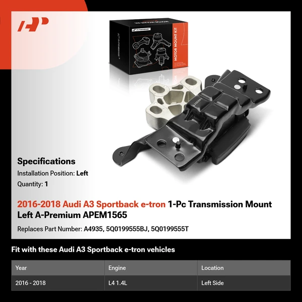 2016-2018 Audi A3 Sportback e-tron 1-Pc Transmission Mount Left A-Premium APEM1565