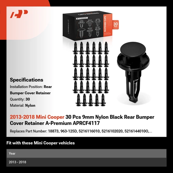 2013-2018 Mini Cooper 30 Pcs 9mm Nylon Black Rear Bumper Cover Retainer A-Premium APRCF4117
