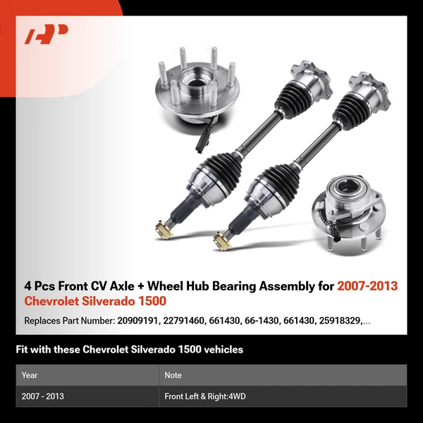 4 Pcs Front CV Axle + Wheel Hub Bearing Assembly for 2007-2013 Chevrolet Silverado 1500